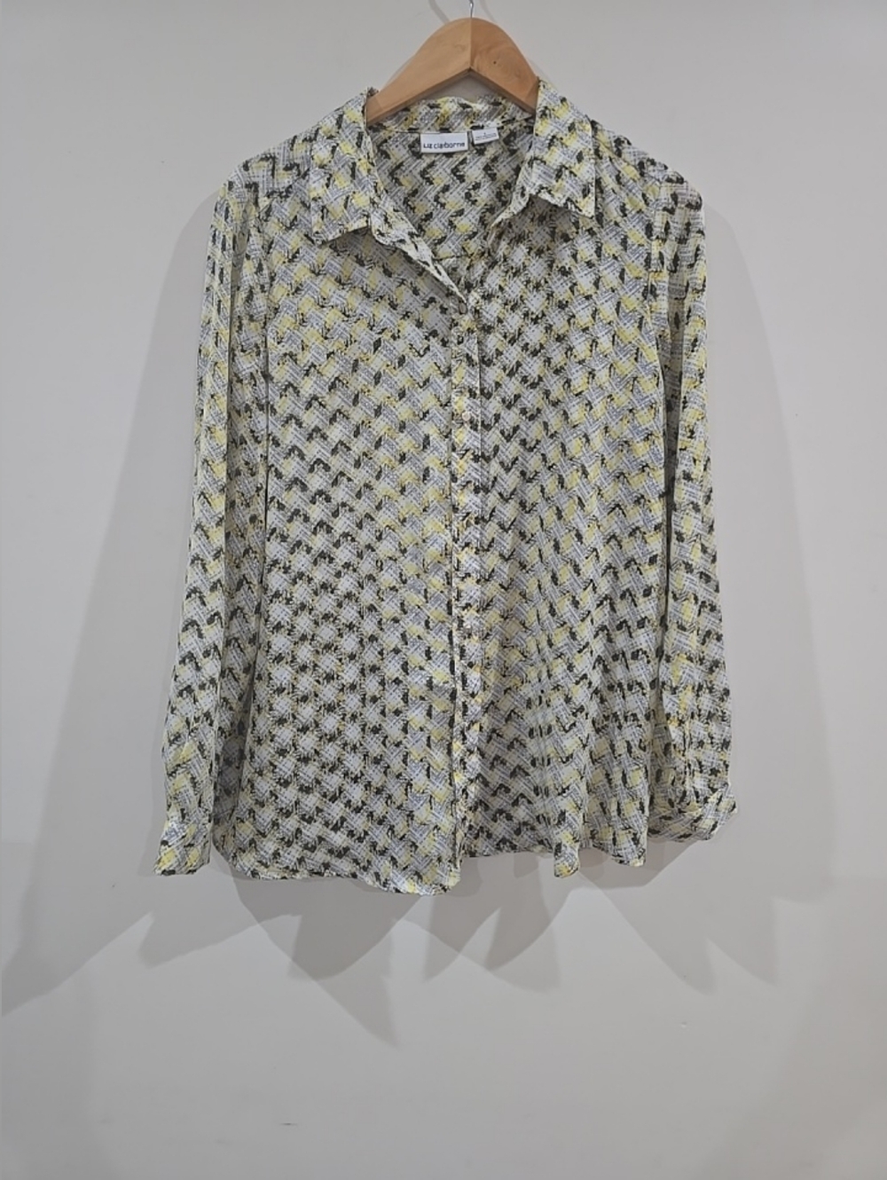Spring/Summer  Womens Blouse L Yellow Black & Grey Geometric Button Long Sleeve